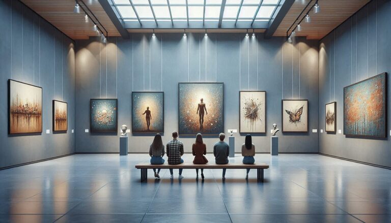 People seated on a bench viewing art - Art Gallery Signs post