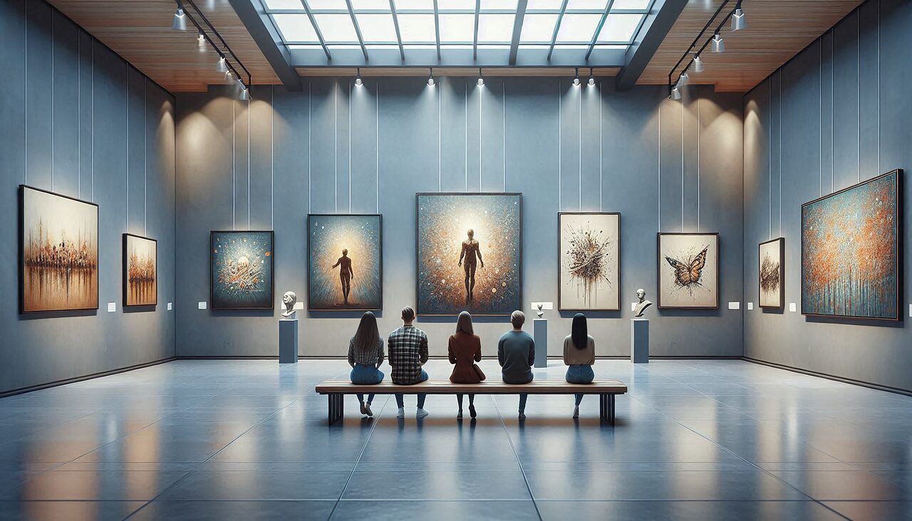 People seated on a bench viewing art - Art Gallery Signs post